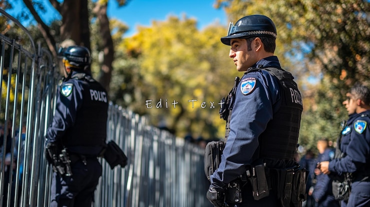 PSD police officers on duty behind a metal fence
