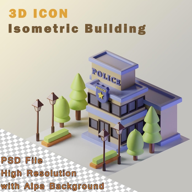 PSD police station isometric building on transparent background high resolution psd