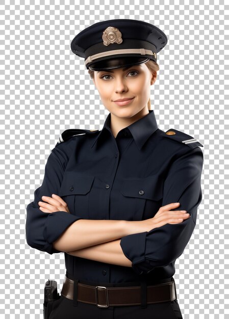 PSD policewoman officer crossed arms isolated on transparent background