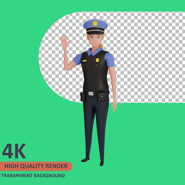 PSD policewoman waving hand 3d rendering of character modeling