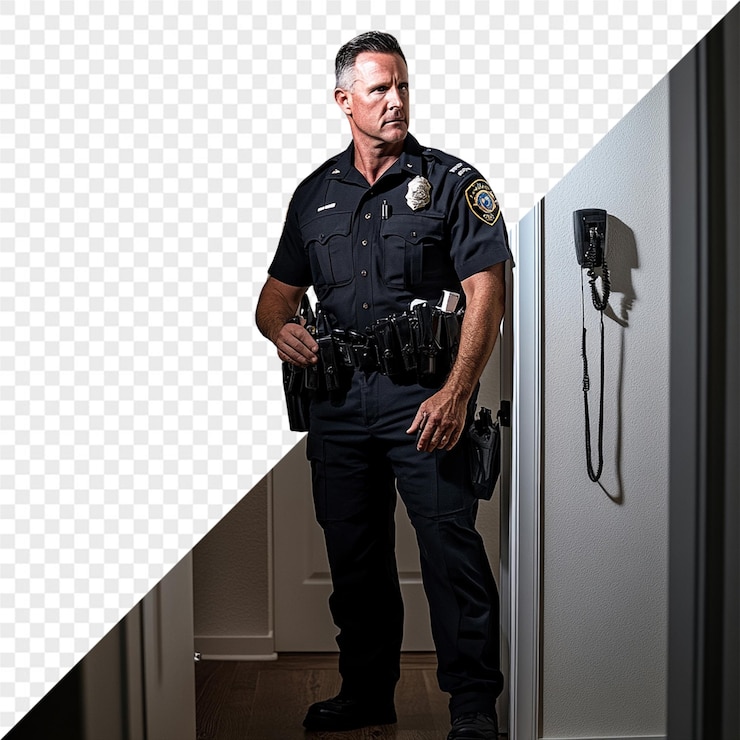 PSD policjant stoi przed lustrem.