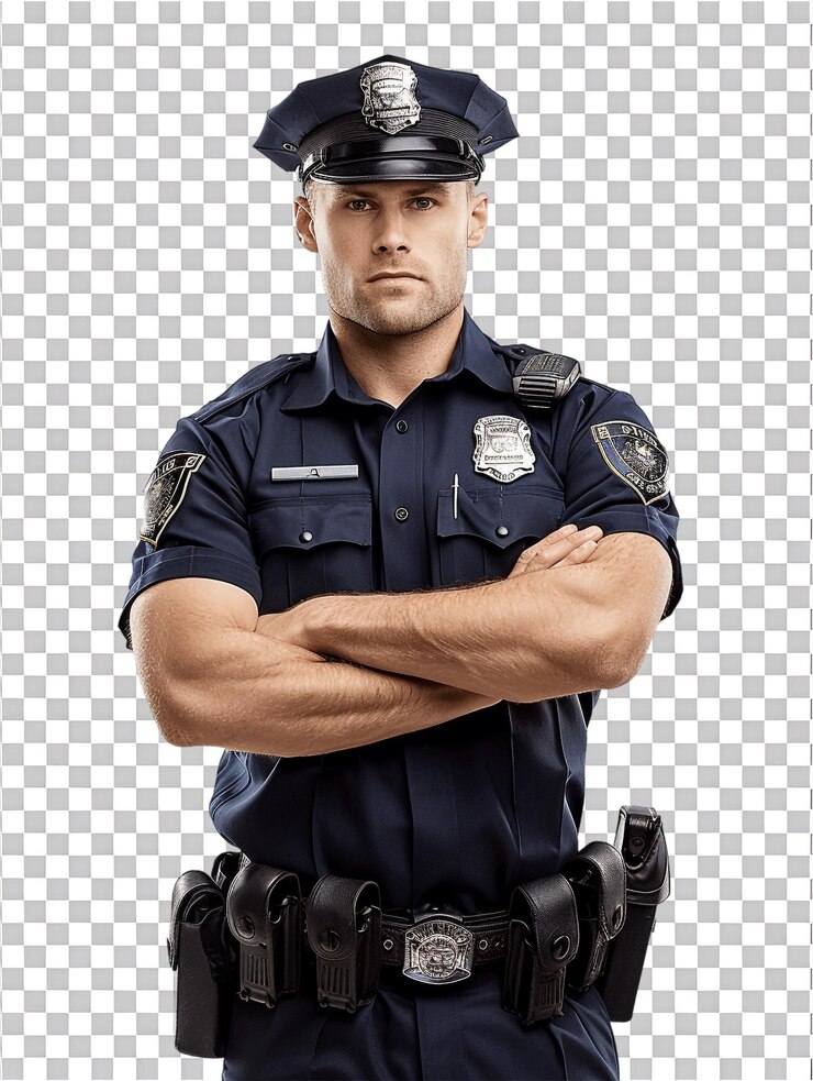PSD policjant z skrzyżowanymi ramionami na przezroczystej tle