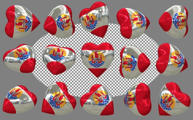 Polinezja Francuska 3D Flaga Serca Izolowana Różne Pozycje Rendering 3D