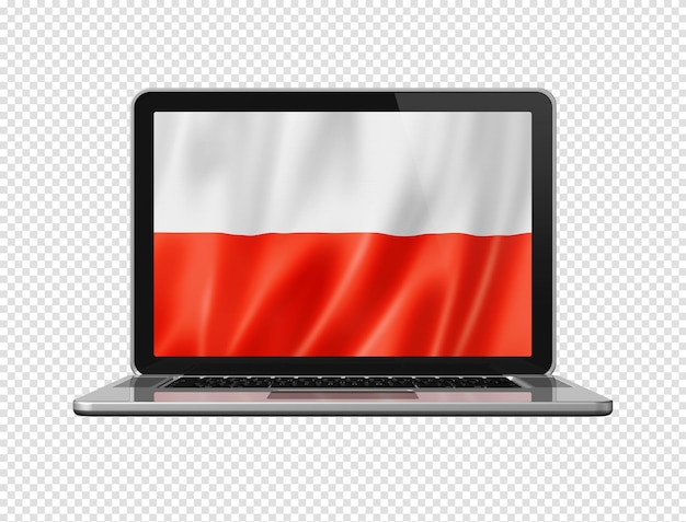 Польский флаг на экране ноутбука изолирован на белой 3D иллюстрации
