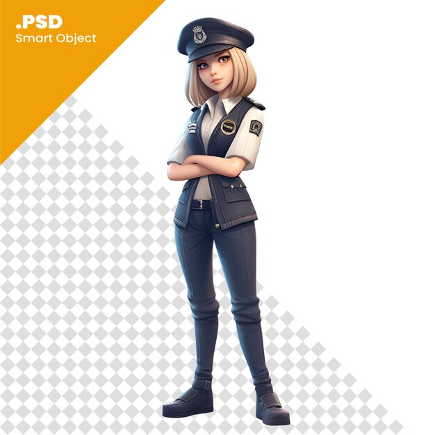 Politieagente met blauw uniform op witte achtergrond3d rendering psd template