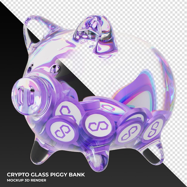 Polygon matic coin in clear glass piggy bank 3d rendering