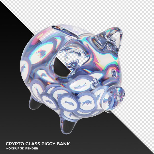 polymath poly glass piggy bank with crypto coins 3d illustration