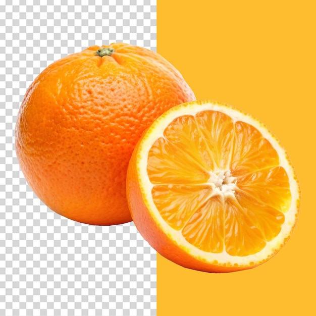 Pomarańcz z naciętym pomarańczem na przezroczystym tle