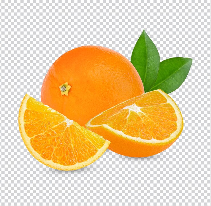 Pomarańczowe owoce z pomarańczowymi plastrami i liśćmi na białym tle premium psd.