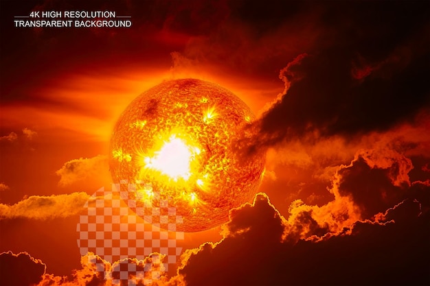 PSD pomarańczowe słońce świeci w nocy, uchwycone w fotografii z powolną prędkością migawki na przezroczystym tle