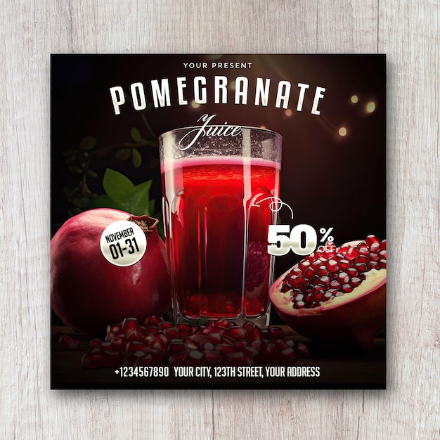 PSD pomegranate juice promotion square flyer social media post banner design