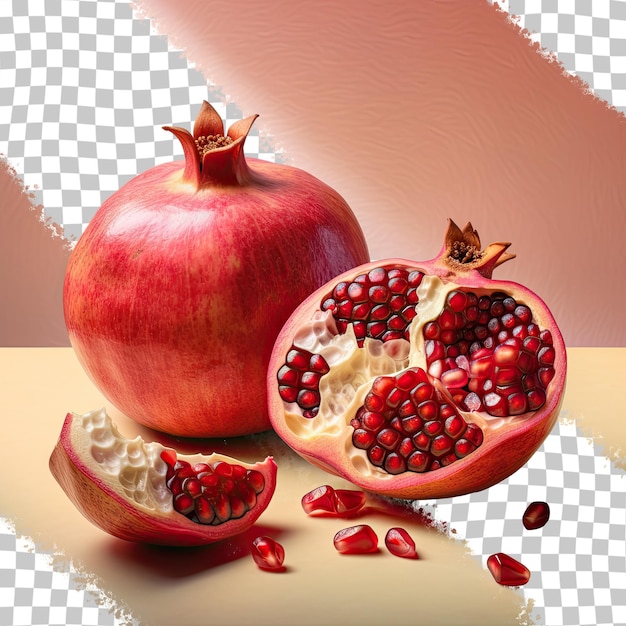 PSD pomegranate seeds exposed in a tropical red fruit on a transparent background