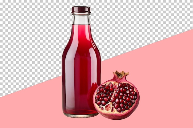 Pomegranate syrup in a bottle next to a pomegranate isolated object transparent background