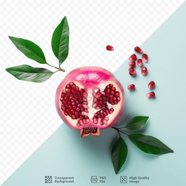 PSD a pomegranate with green leaves and a picture of a butterfly.