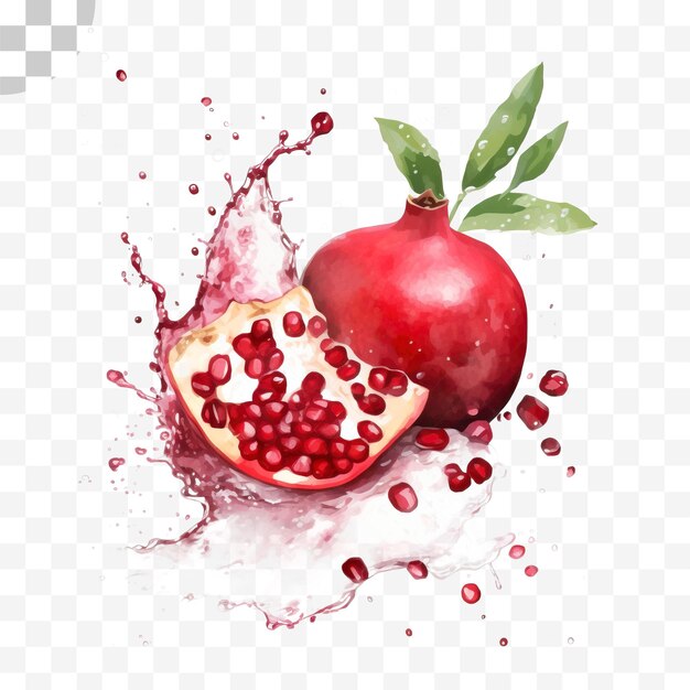 Pomegranate with watercolor splashes on transparent background