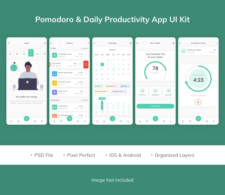 PSD pomodoro 및 일일 생산성 앱 ui 키트