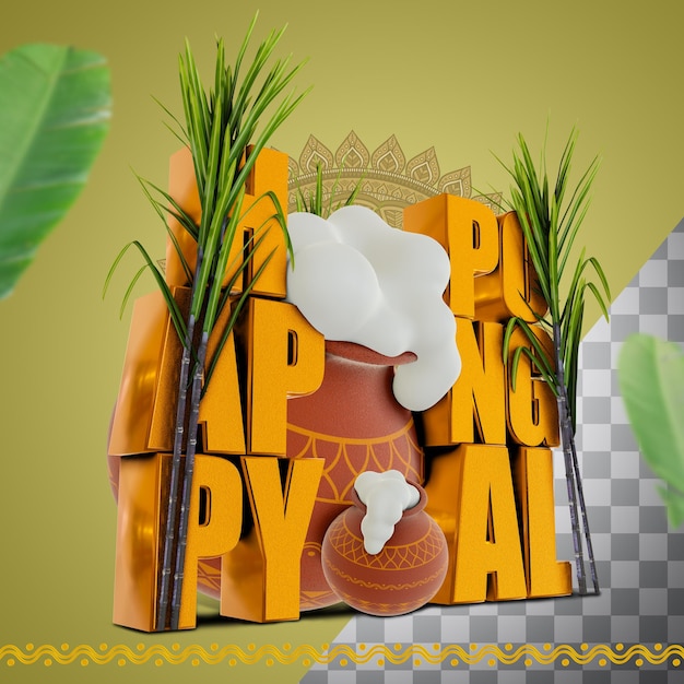 PSD pongal greetings template with transparent background in 3d rendered image
