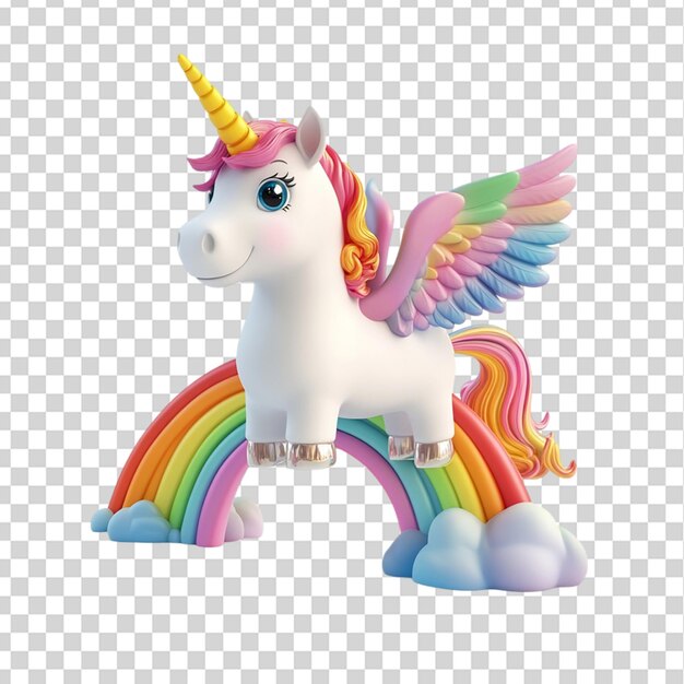 Pony unicorn with wings and colored horn on a rainbow 3D style isolated on transparent background