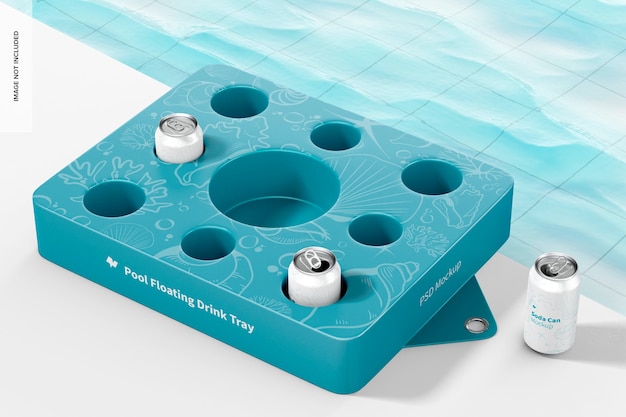 Pool floating drink tray mockup with tin cans drinks