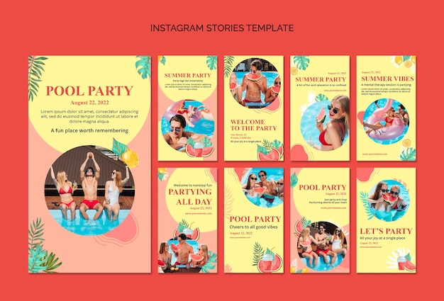 PSD design del modello di storie di instagram per feste in piscina