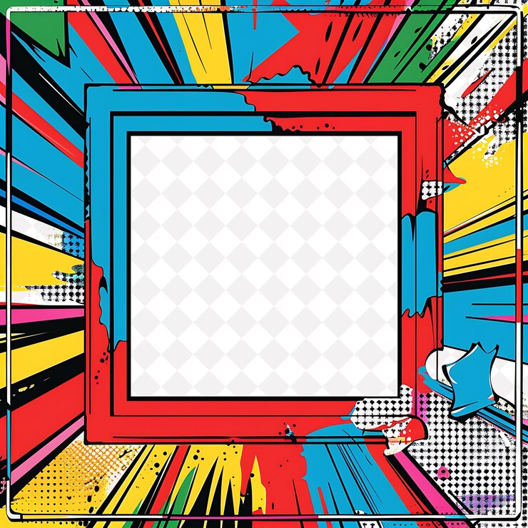 PSD pop art style frame adorned with bright colors and comic boo png creative background design