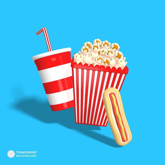 ポップコーン バケツとジュース カップ アイコン分離 3 d レンダリング図