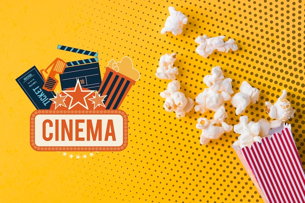 PSD popcorn and cinema mock-up flat lay