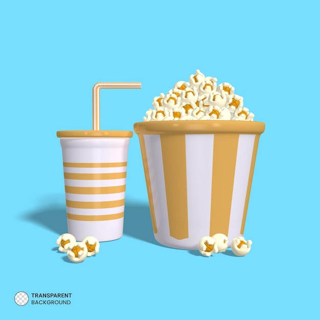 PSD popcorn emmer en sap beker pictogram geïsoleerd 3d render illustratie