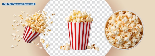 Popcorn emmer in boven- en zijweergave met popcorn in de lucht