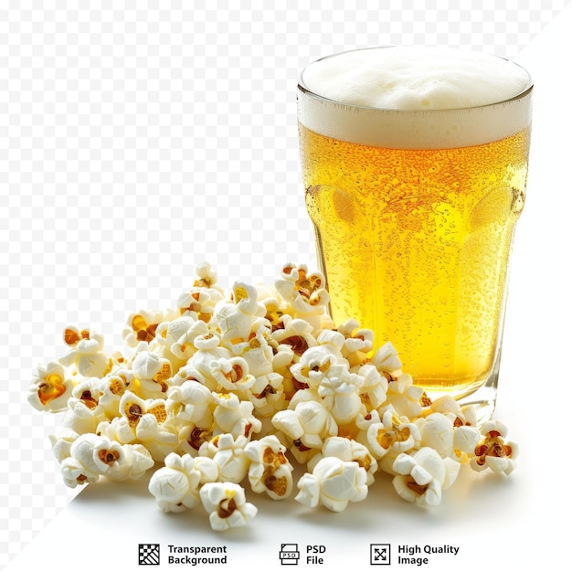 PSD popcorn and glass of light beer isolated on white