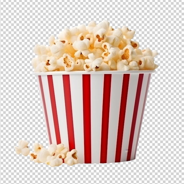 PSD popcorn in een rode en witte gestreepte kartonnen emmer geïsoleerd op png-achtergrond