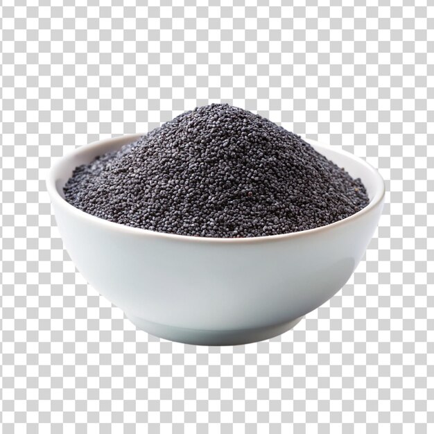 Poppy seeds in a white bowl isolated on transparent background