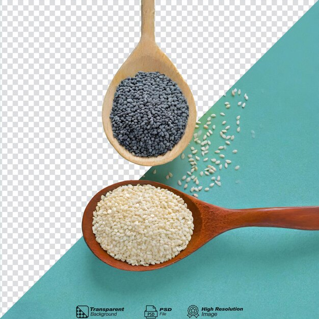 PSD poppy and white sesame seeds in a wooden spoon isolated on transparent background