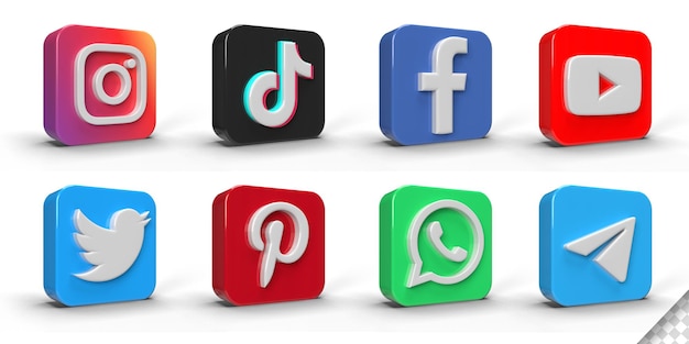 Popular social media icons collection square logo 3d render