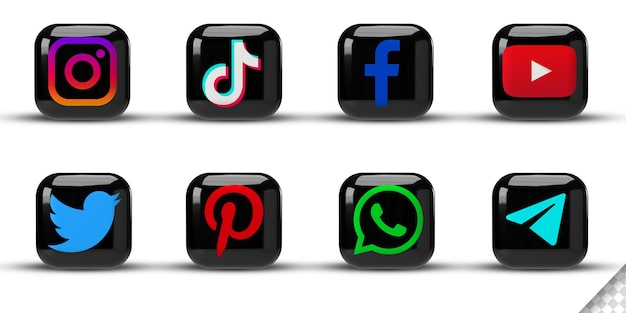 Popular social media icons collection square logo 3d render