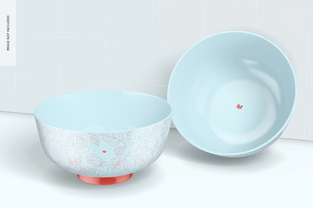 PSD porcelain dessert bowls mockup, leaned