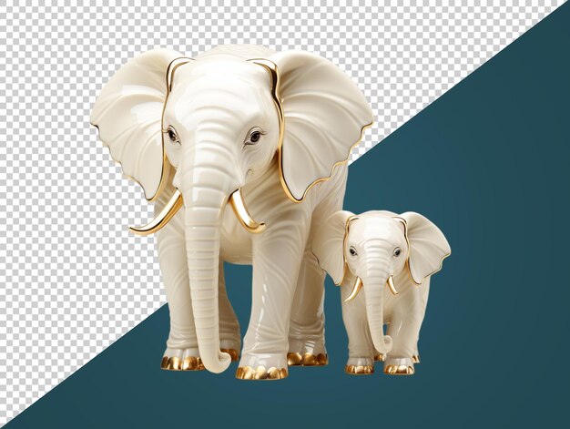 A porcelain mother and baby elephant figurine with transparent background