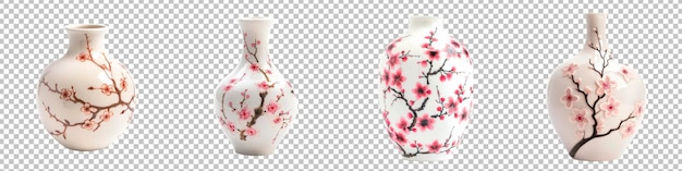 Porcelain vase with intricate cherry blossom designs set isolated on transparent background