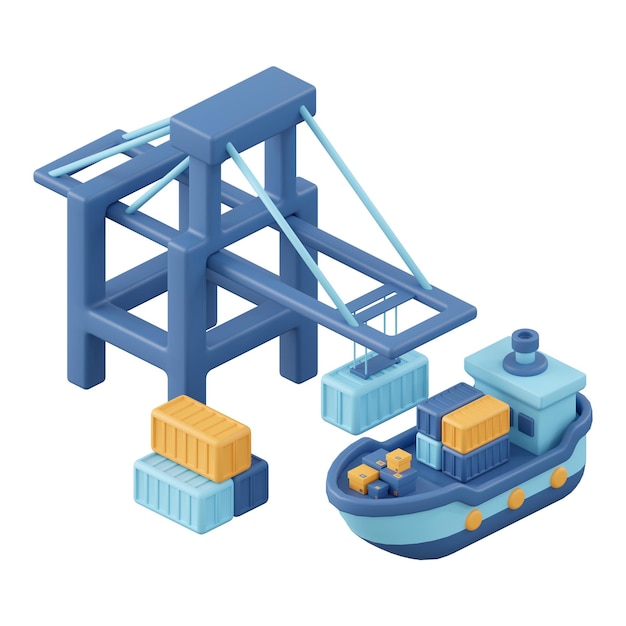 Port z statkiem towarowym 3d ilustracja koncepcji importu i eksportu ikony izometrycznej