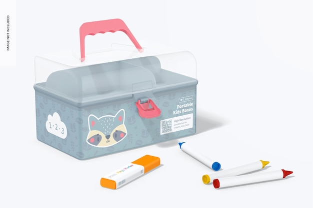 Portable kids box mockup with crayons