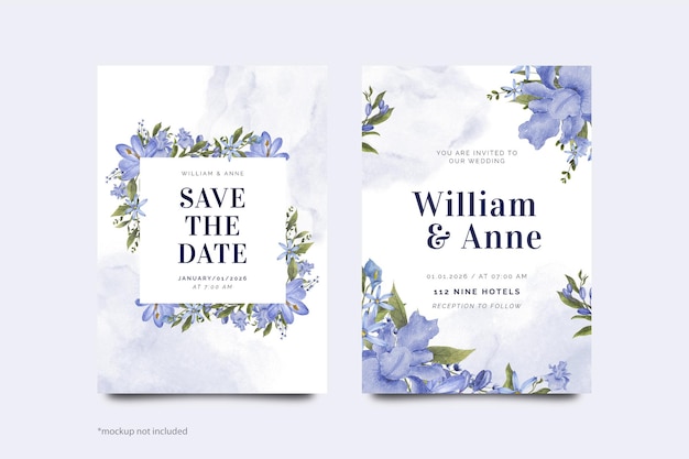 PSD portait blue watercolor flowers wedding invitation template