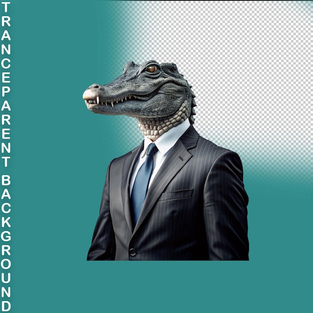 PSD portrait of an alligator wraring a business suit on transparent background