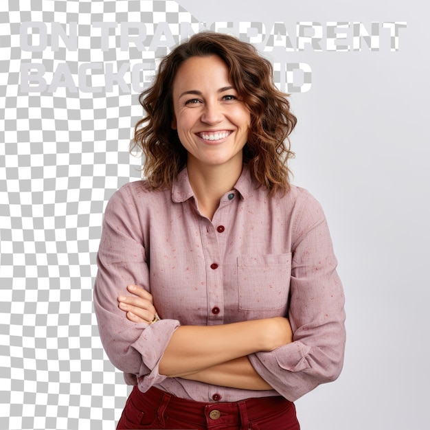PSD portrait of ambitious and confident adult 30s woman cross arms and smiling happy at camera looking forward standing against transparent background