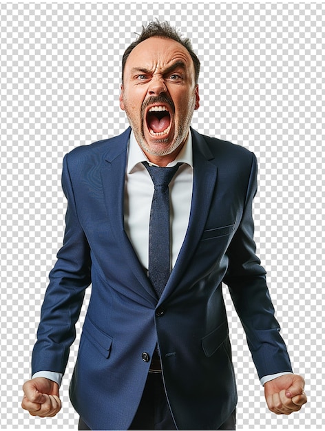 PSD portrait of angry businessman screaming isolated on transparent background