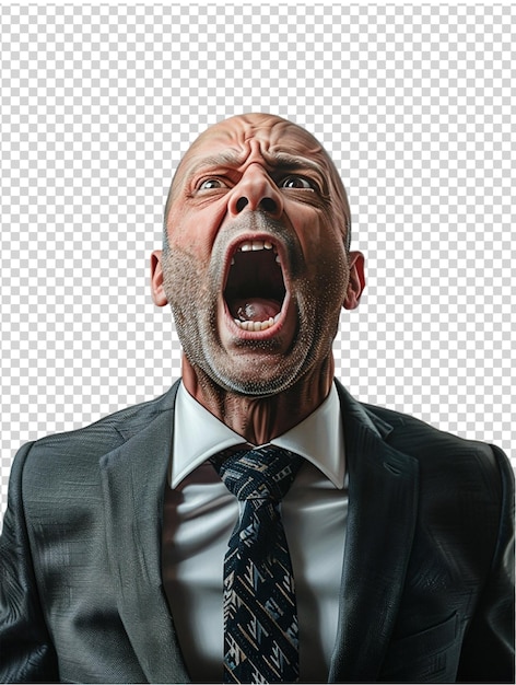 PSD portrait of angry businessman screaming isolated on transparent background