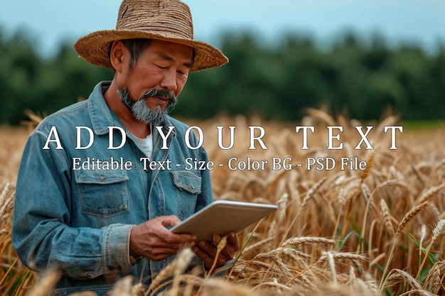 Portrait asia farmer in a straw hat in a wheat field