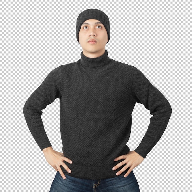 Portrait of asian man wearing sweater and beanie cutout psd file