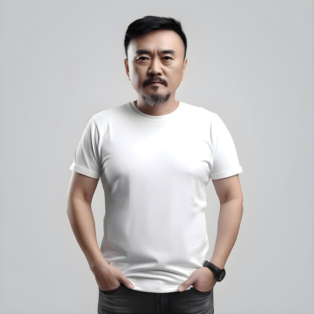 Portrait of asian man in white t shirt on gray background