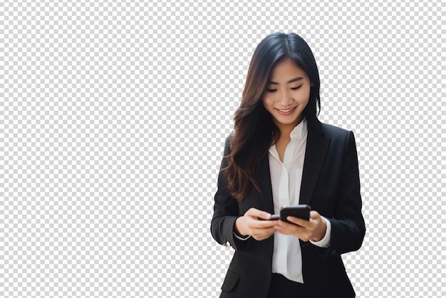 PSD portrait of asian successful and happy businesswoman using smartphone isolated on a transparent back