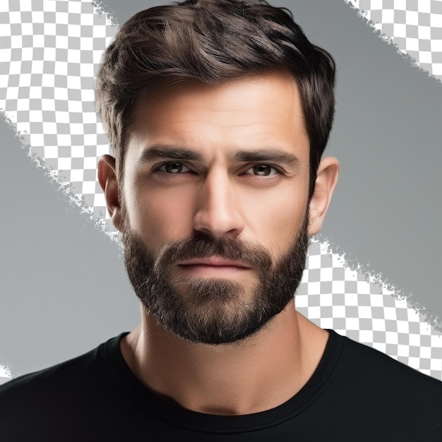 Portrait of an attractive calm bearded man with flawless skin isolated on a light transparent background